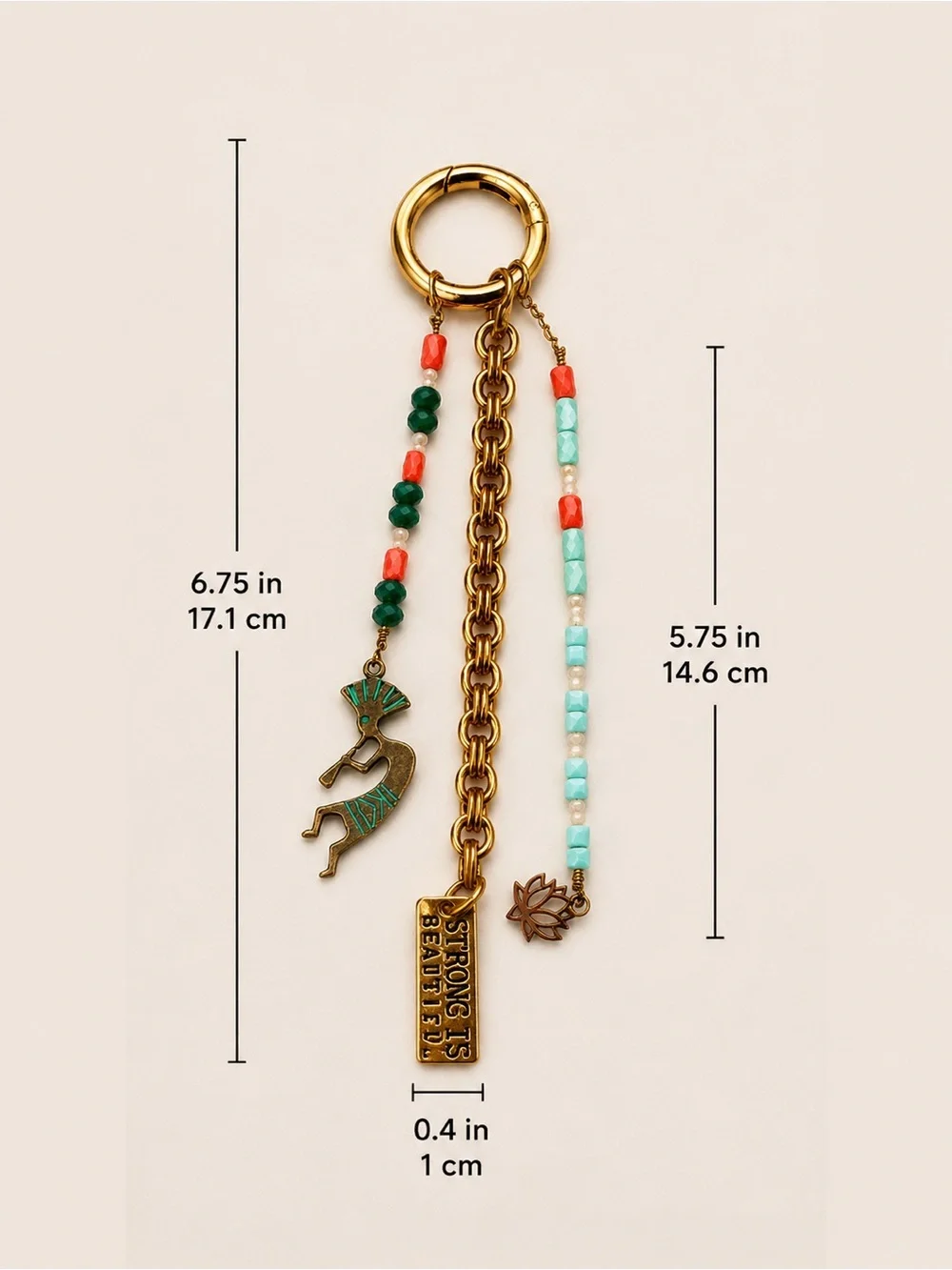 “STRONG IS BEAUTIFUL” Bag Charm/Keychain with Vintage Beads and Unique Pendants